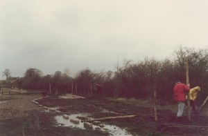 Work party planting trees and making a road on ACA land, 1979. 